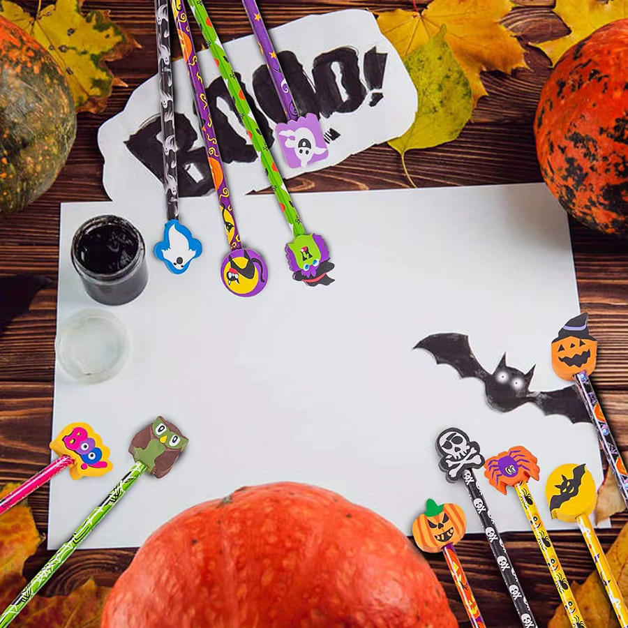 JXB Halloween Bleistift-Set mit Motiv-Radiergummis in Geister Kürbis Spinnen Fledermaus Zauberer Katze, 8 Stück, Mehrfarbig - Bild 5