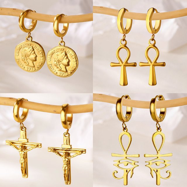 HPTOTMG Ohrringe, 18 Karat vergoldet, Edelstahl, Jesus-Kreuz, Unisex - Bild 1
