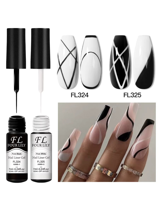 Four Lily Nagel Liner Gel Kit, Schwarz Weiß Gold Silber, DIY Nagel Design - Bild 4