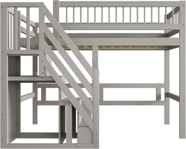 Merax Massivholzbett aus Kiefer mit Treppe und Stauraum in Grau und Weiß, B/T/H: 90 x 200 x 142 cm - Bild 1