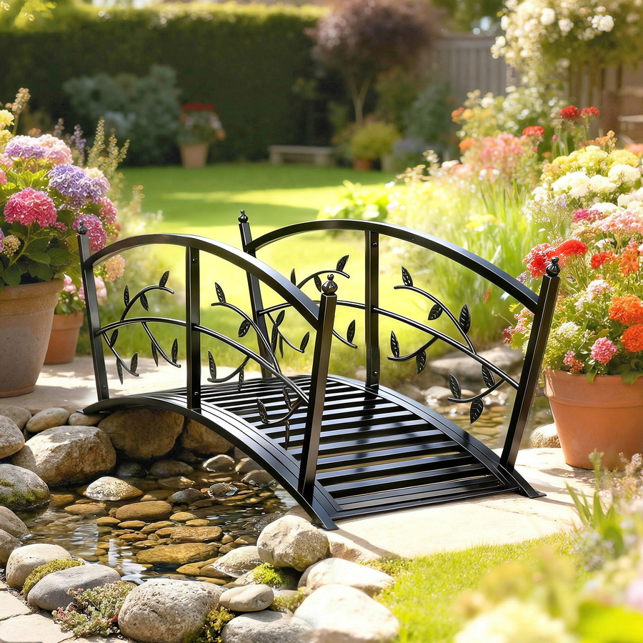 Outsunny Gartenbrücke aus Metall in Antik-Optik, rostbeständige Teichbrücke mit Sicherheitsgeländern, Farbe: Braun/Schwarz - Bild 2