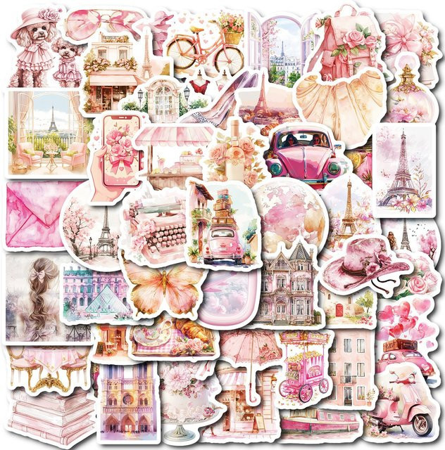 50 oder 100 Stück Rosa Retro Paris Wasserdichte Aufkleber für DIY Schreibwaren, Skateboard und Mobile - Bild 1