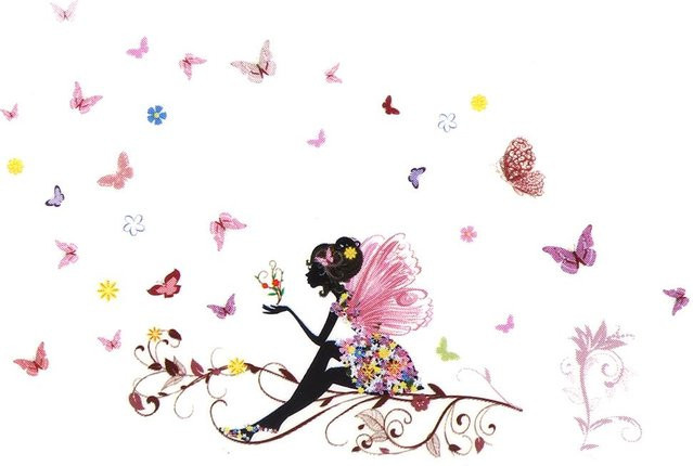 mfySpace Wandaufkleber aus Vinyl mit Fee, Blumen und Schmetterlingen in Pink und Schwarz für das Kinderzimmer oder Schlafzimmer - Bild 1
