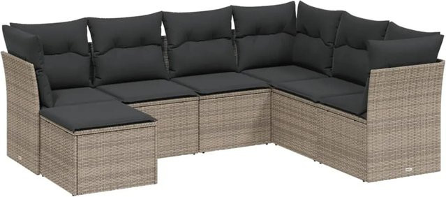 vidaXL 7-tlg. Garten-Sofagarnitur in L-Form aus Poly Rattan mit Kissen in Grau - Bild 1