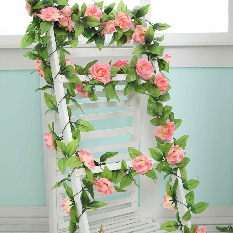 SEEQS Künstliche Rosenrebe mit Efeu in Rosa, 2,4 m Seidenblumen für Hochzeiten und Dekoration - Bild 1