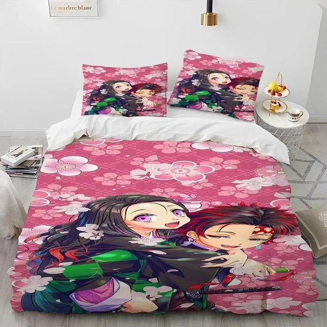 3-teiliges Demon Slayer Anime Bettwäsche-Set aus atmungsaktiver Baumwoll-Leinen-Mischung in Pink, Queen-Größe, B/H: 210 x 210 cm - Bild 1