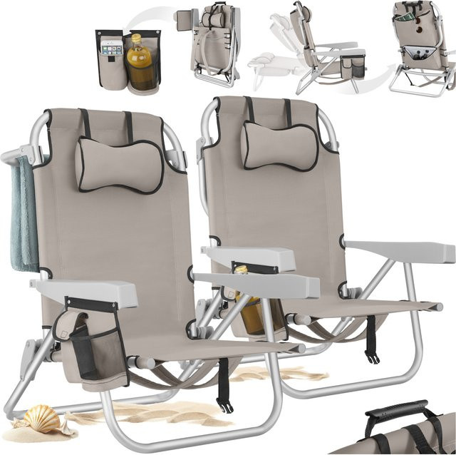 tectake Aluminium Strandstuhl Coral Set, 2er Set, Beige, klappbar mit Rucksackfunktion, UV-beständig und wetterfest, B/T/H: 101 x 63 x 78 cm - Bild 1