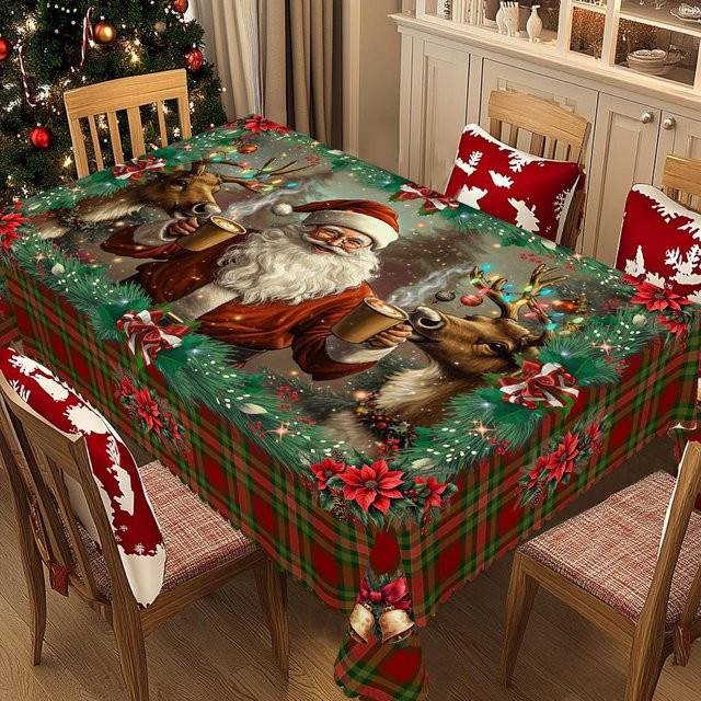 JINGYUE Pet Weihnachts-Tischdecke im Vintage-Bauernhaus-Stil mit Weihnachtsmann, Rentier und Weihnachtsbaum, braun, B: 152 cm, L: 220 cm - Bild 1