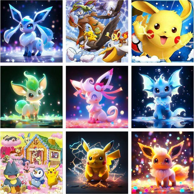 Potdemiel Pokemon DIY Diamant Malerei Set mit Pikachu und Eevee als 5D Mosaik Kreuzstich für Kinder - Bild 1