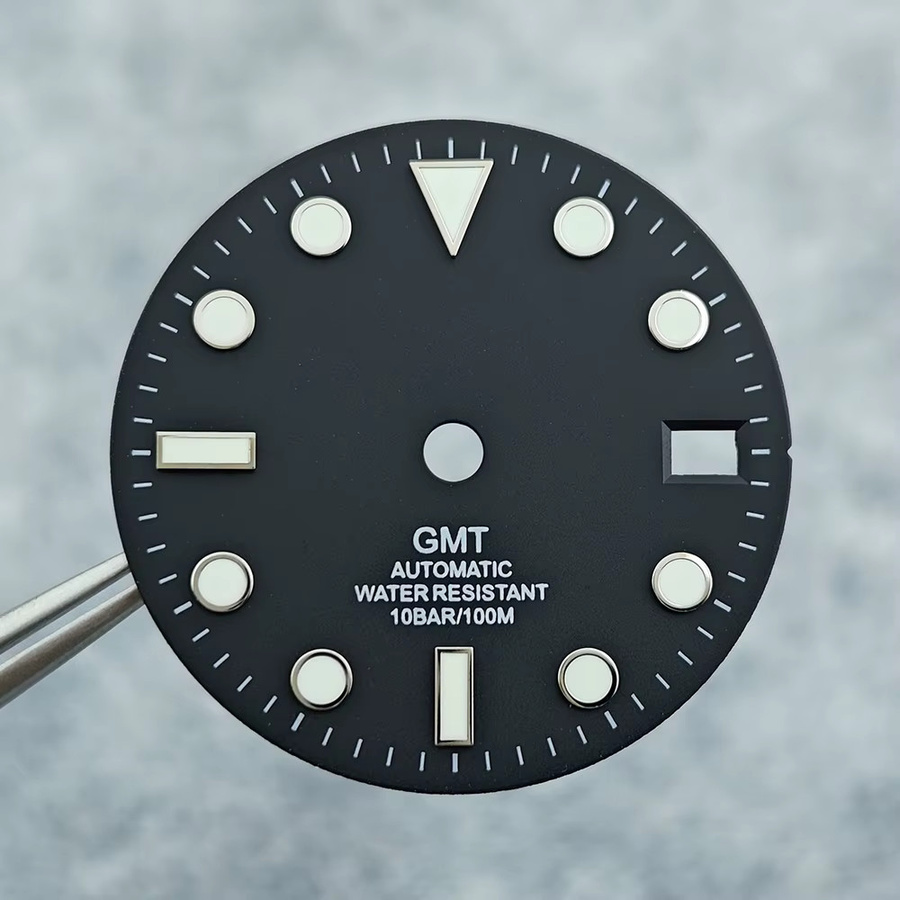 OUMASHI Zifferblatt, 28,5 mm, schwarz, blau, grün, rot, orange, GMT-Text, schwarzgold, rosafarbener Rand, für NH34-Uhrwerk, leuchtend - Bild 2