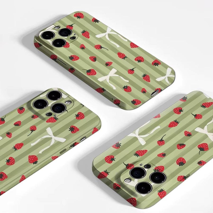 Handyhülle mit Erdbeeren, weißen Schleifen und grünen Streifen für Apple iPhone 17 16 15 14 Pro Max Plus, doppellagige Rückseite, mehrfarbig - Bild 3