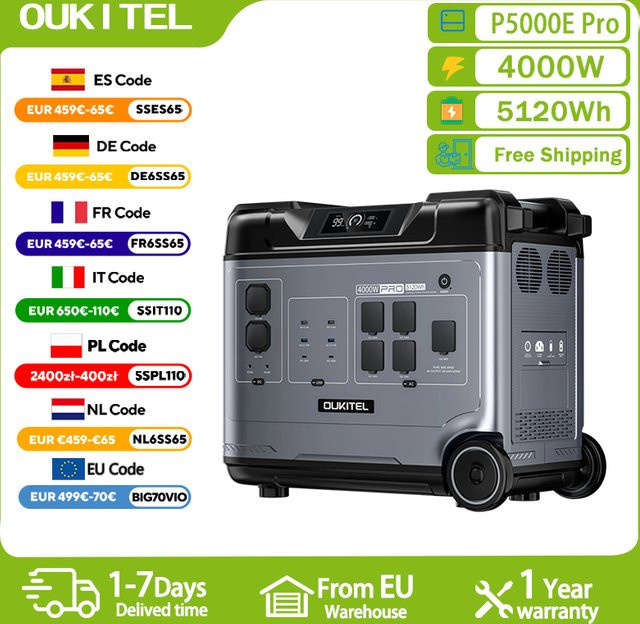 OUKITEL P5000 Pro Tragbares Kraftwerk 4000 W Solargenerator mit 5120 Wh Lifepo4-Batterie in Grau für Home Backup, Outdoor und Camping - Bild 1