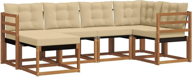 vidaXL Sofa Set 6-teilig L-Form aus Akazienholz und Textilene in Natur-Beige mit Kissen - Bild 1