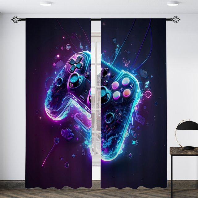 2er-Set halbtransparente Vorhänge mit Grafikprint in Lila aus Polyester, Breite: 50 cm, Höhe: 130 cm - Bild 1