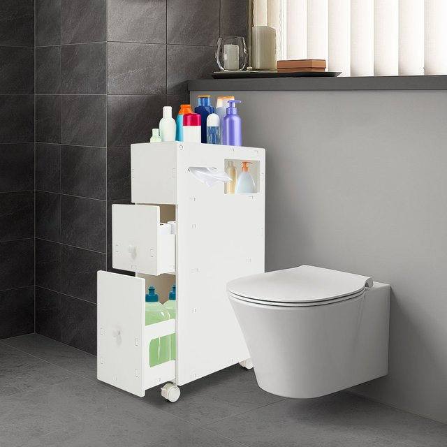 Bymaocar Badezimmer-WC-Aufbewahrungsschrank in Weiß, moderner freistehender Schrank mit Klappdeckel, Taschentuchbox, abschließbaren Schubladen und Türen - Bild 1