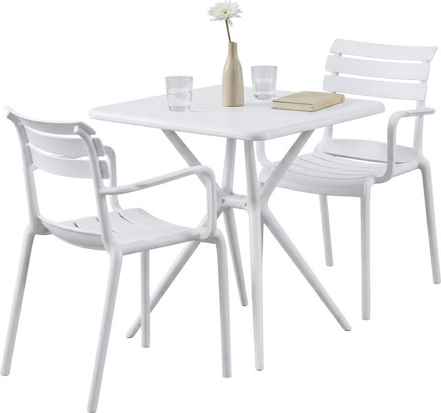 CLP Gartenmöbel-Set Avena wetterfest in Weiß, bestehend aus 2 Stapelstühlen und einem quadratischen Esstisch, Sitzgruppe für Balkon, Terrasse und Garten, Tisch B: 72 cm, B: 72 cm - Bild 1
