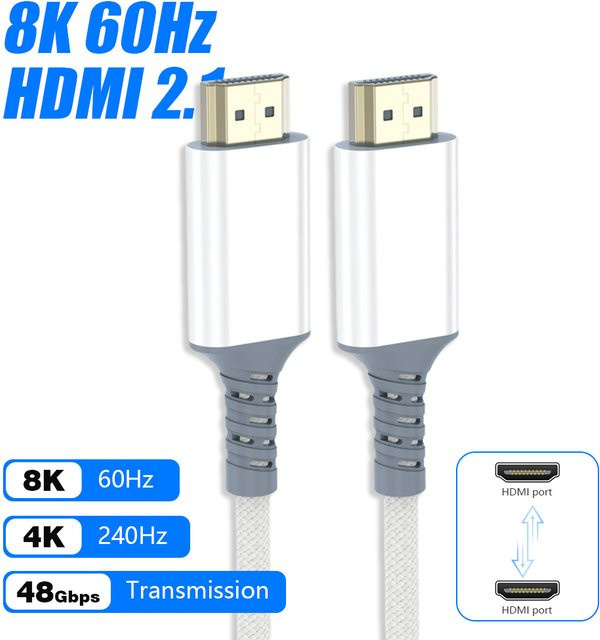 Byscoon HDMI 2.1 Kabel für 8K/60Hz und 4K/120Hz mit 48Gbps, Dynamic HDR10+, eARC und HDCP 2.3, kompatibel mit PS5, Xbox, PC und RTX Grafikkarten, in Silber/Grau/Weiß - Bild 1
