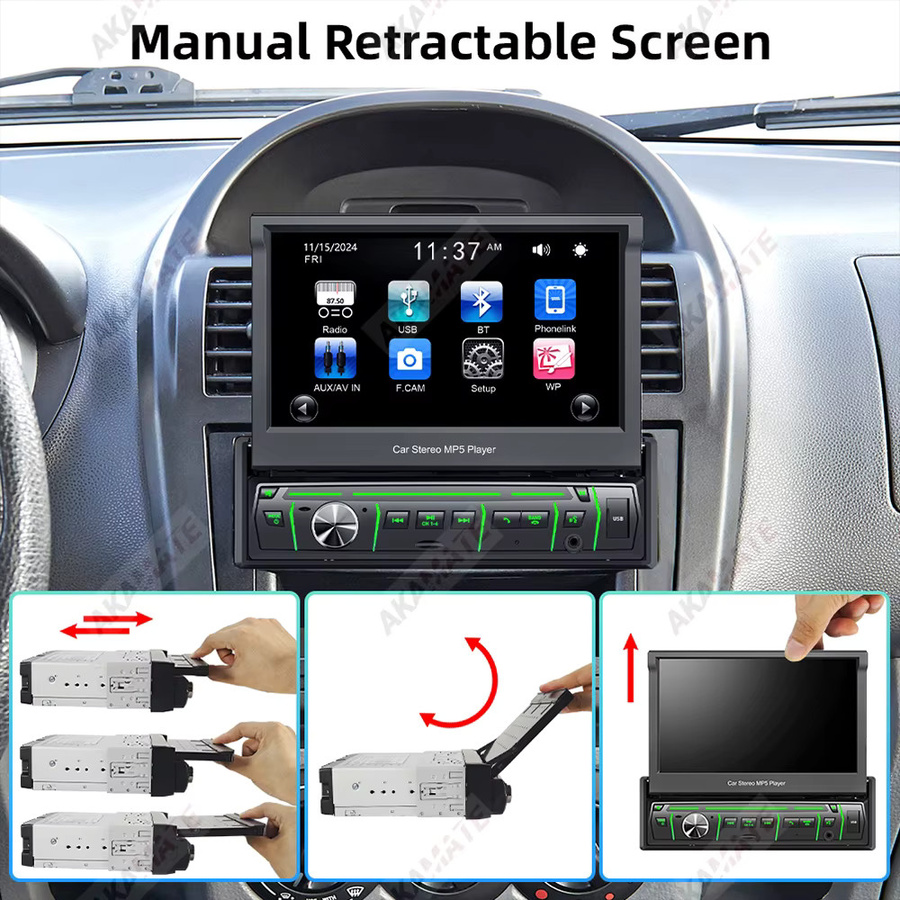 AKAMATE 7-Zoll Autoradio mit manuell einziehbarem Bildschirm, Bluetooth, Mirrorlink und Sprachassistent, 1Din Multimedia-Player in Schwarz - Bild 2