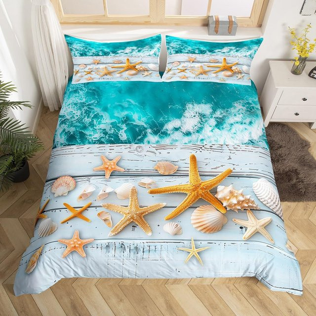 Binchi Outdoor Product Bettwäsche Set Strand Ozean mit Palmen und Surfbrett, Marine Blau und Türkis, B/H: 135 x 200 cm - Bild 1