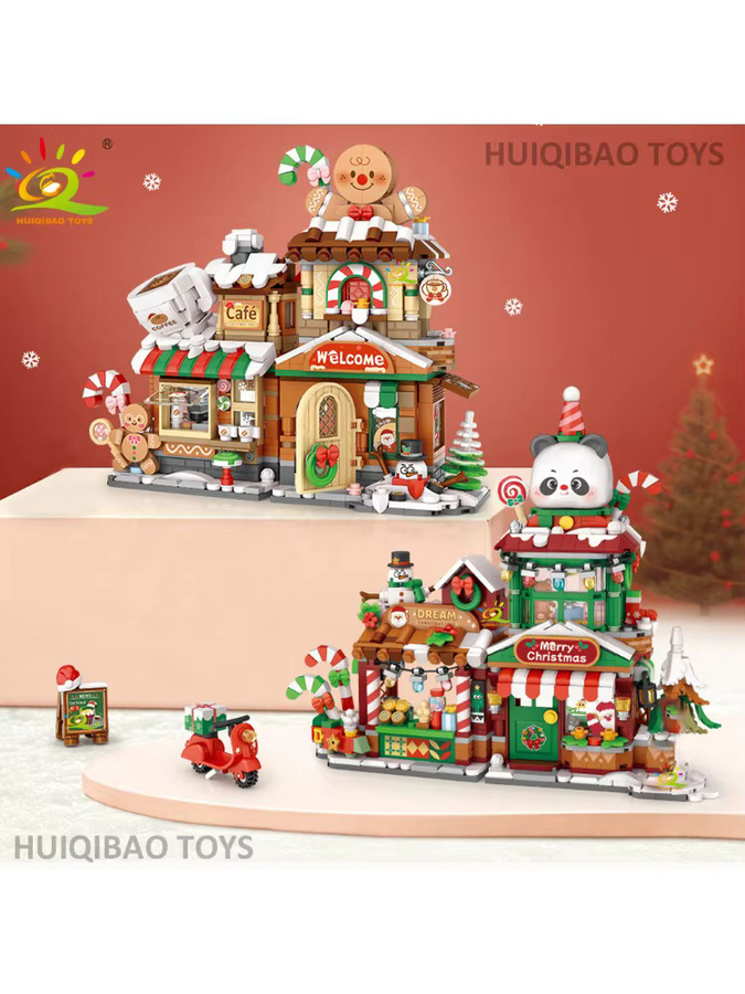 HUIQIBAO Weihnachtsbaum Panda Schneemann Shop Modell Baustein, DIY Lebkuchen Café Ziegel Ornament Spielzeug - Bild 3