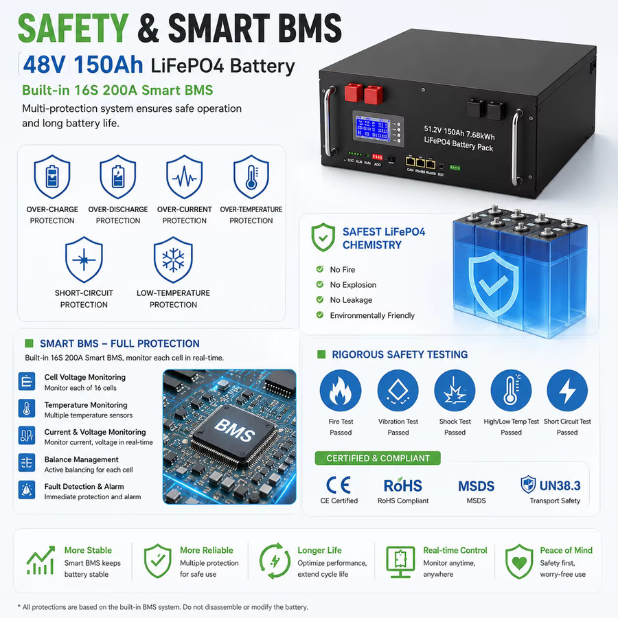 AMZVISION LiFePO4 48V 150Ah Lithium-Batterie mit Bluetooth und BMS für Heimspeicher-Wechselrichter, Schwarz - Bild 3