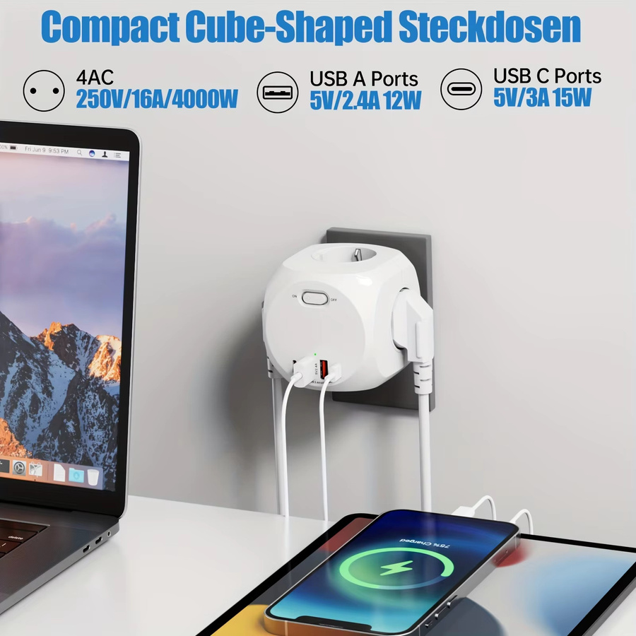 HITRENDS EU-Steckdosenleisten-Würfel in Weiß mit 4 AC-Steckdosen, 2 USB-A und 2 USB-C Anschlüssen - Bild 2