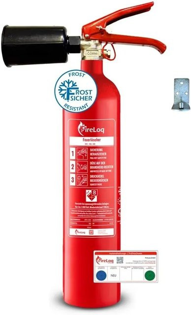 FireLoq CO2 Feuerlöscher aus Stahl in Rot mit Wandhalterung und Prüfnachweis, 2 kg - Bild 1