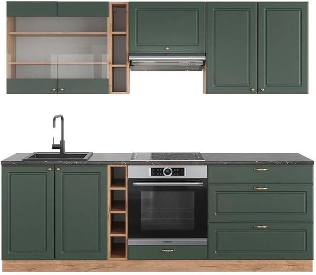 Vicco Fame-Line Küchenzeile Landhausstil in Grün, Gold und Anthrazit mit Eiche-Optik, B: 235 cm - Bild 1