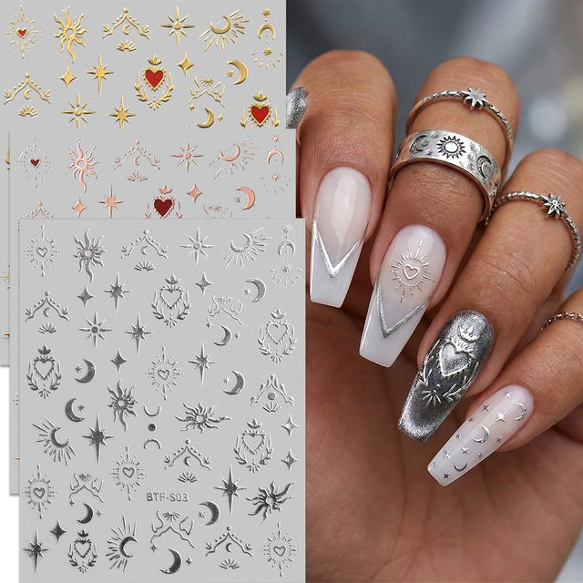 QIANJIKU Nagelaufkleber, 3D Metallic, Herz & Himmelskörper - Bild 1