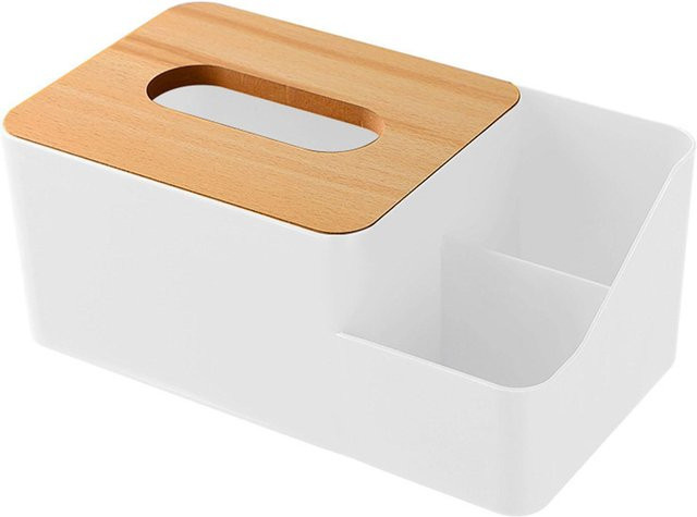Multifunktionale Desktop-Taschentuchbox und Aufbewahrungsbox für Fernbedienungen aus Holz von CosyHome in Weiß - Bild 1