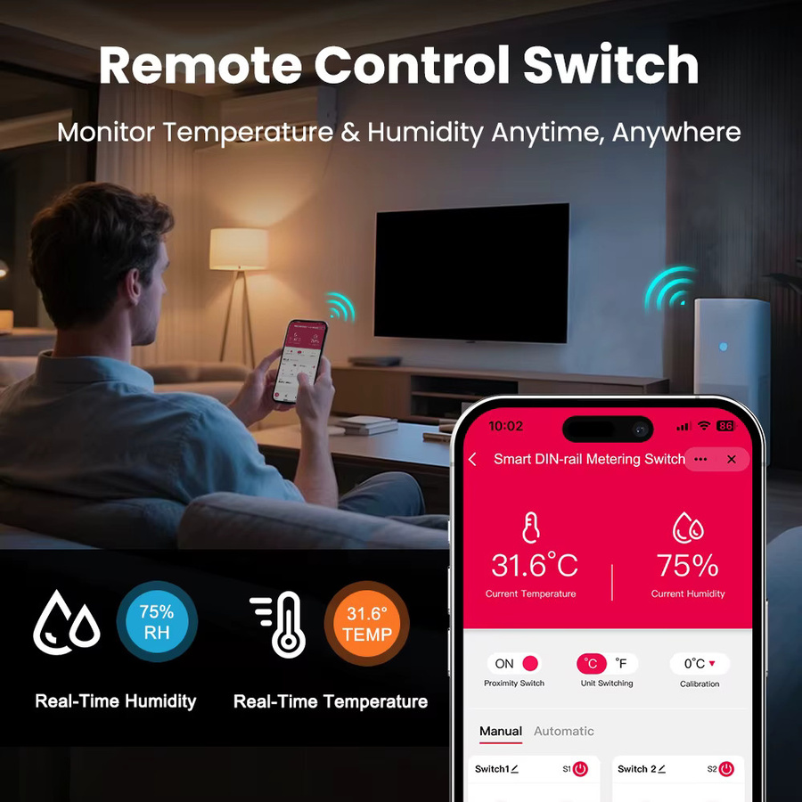 Chayo Smart WLAN-Schalter mit Temperatur- und Feuchtigkeitssensor, 2-fach, DIN-Schiene 18mm, 3840W AC/300W DC, Timer, Smart Life/Alexa/Google Tuya, Weiß - Bild 2