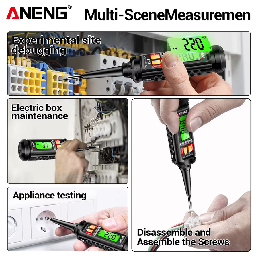 ANENG B16 Digitaltester für AC-Spannung 12V-300V, berührungsloser NCV-Spannungsdetektor mit Ton- und Lichtalarm, Schwarz - Bild 3