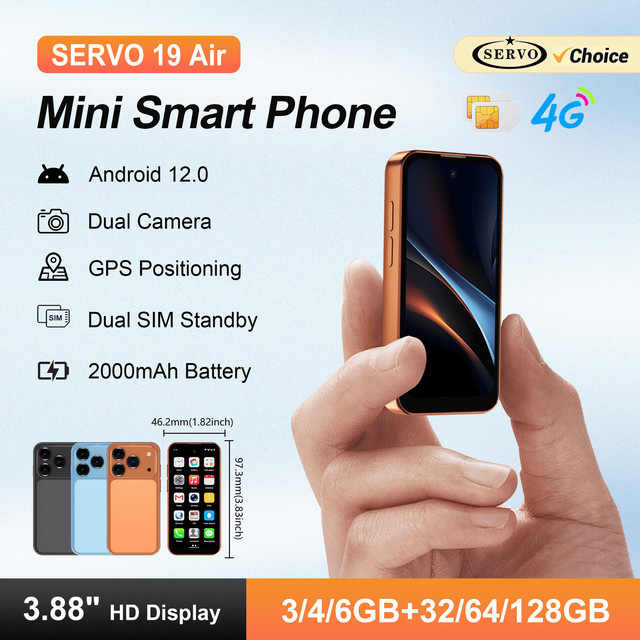 SERVO 19Air Pocket Mini Smartphone Orange mit Android 12, 3,88 Zoll HD-Bildschirm, 6GB RAM, 128GB Speicher, 4G LTE, Dual-SIM und GPS - Bild 1
