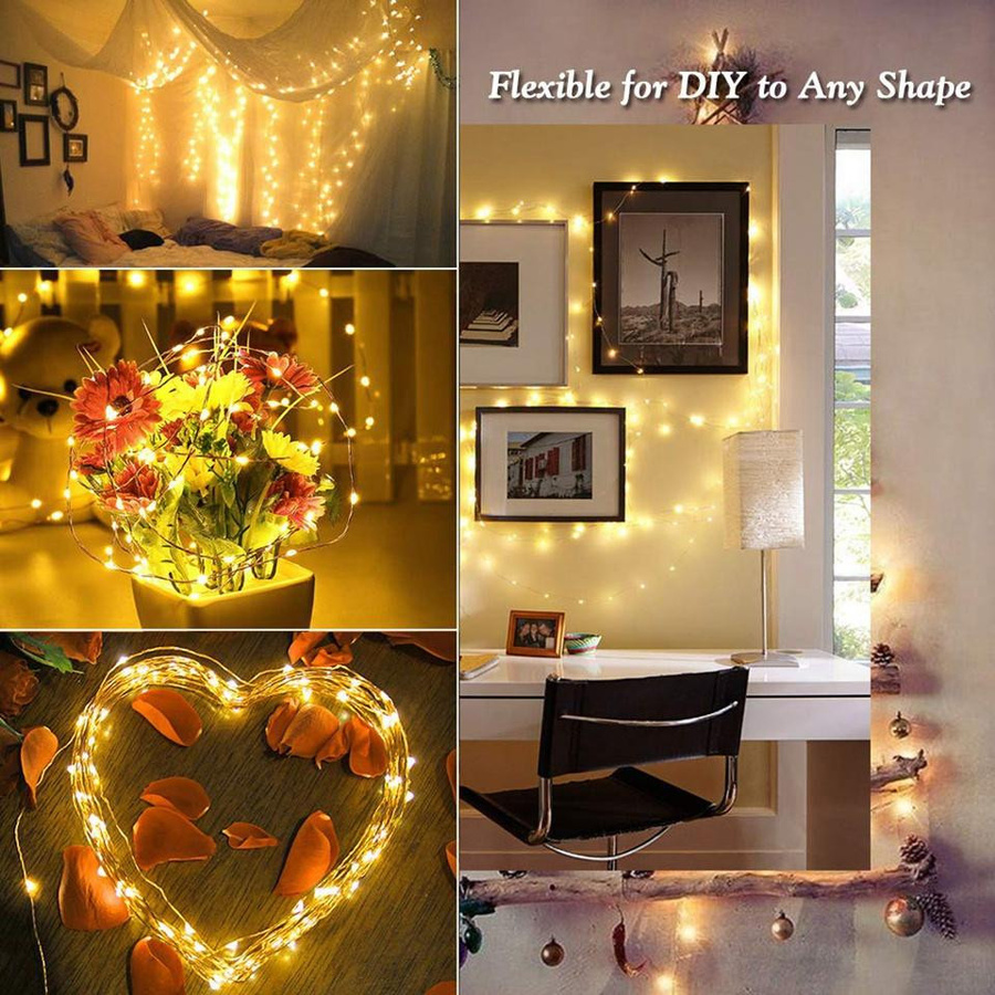 HappyhomeEE Solarbetriebene LED Lichterkette mit 100 LEDs in Warmweiß und Kupferdraht, 8 Modi für Garten, Terrasse, Hochzeit und Weihnachtsdekoration - Bild 4