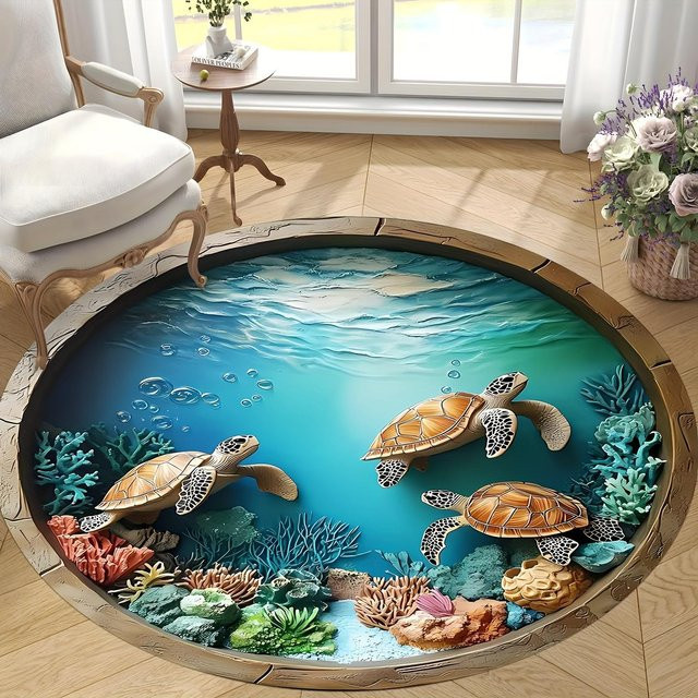 Runder Teppich Csq Fourteen mit Meeresschildkröten und Koralle in Blau, Waschbare Plüsch Flanellmatte für Wohnzimmer und Schlafzimmer, Durchmesser: 80 cm - Bild 1