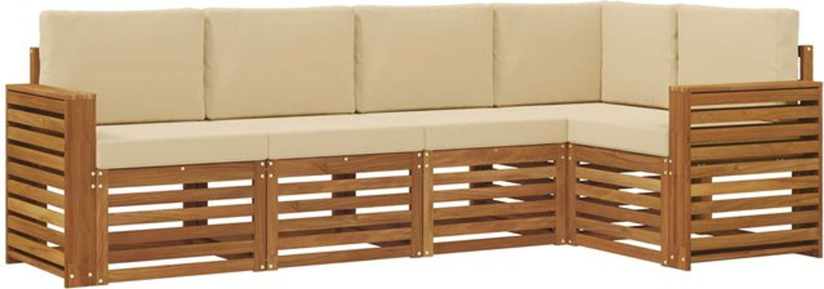 vidaXL Ecksofa Set mit 5 Kissen aus Akazie Massivholz in Natur und Beige, modern und wendbar - Bild 1
