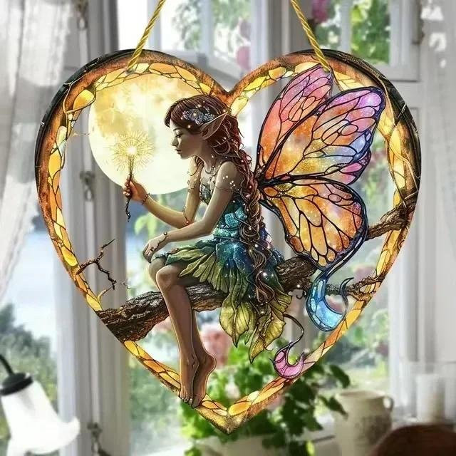 Yiran Furniture Sonnenfänger Elfen-Anhänger mit Herz und Schmetterling in Schwarz und Bunt aus Acryl für Garten und Wandbehang - Bild 1