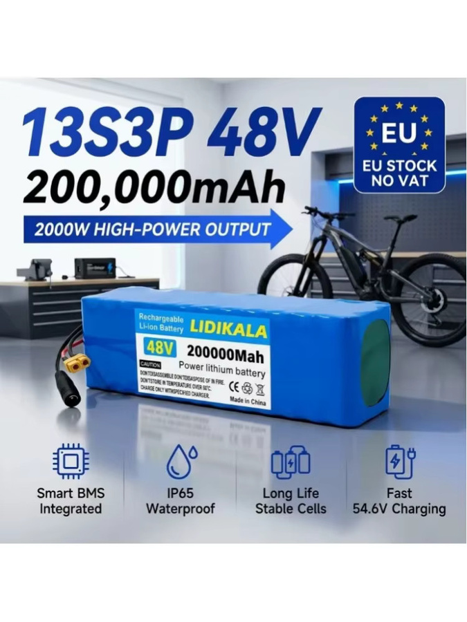 13S3P Lithium-Ionen-Akkupack 48V 200000mAh 100Ah 1000W mit BMS und 54,6V Ladegerät in Blau - Bild 1