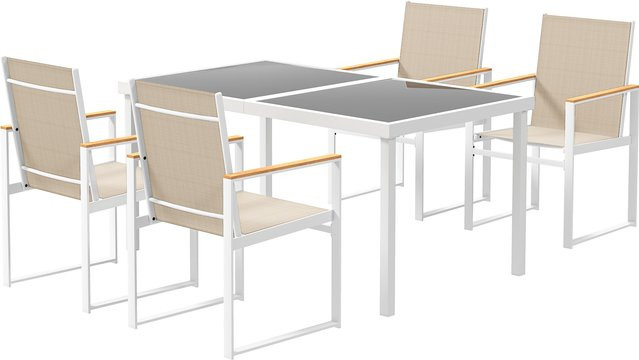 Outsunny 5-teilige Sitzgruppe für 4 Personen mit Esstisch und 4 Stühlen, Esszimmergruppe mit Glasplatte und Stahlgestell für Garten, Terrasse und Balkon, Mehrfarbig - Bild 1