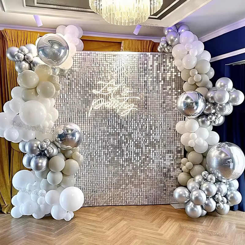12er Set MicroPlush Wandhintergrund mit silbernen quadratischen Pailletten für Geburtstag, Hochzeit und Party - Bild 2