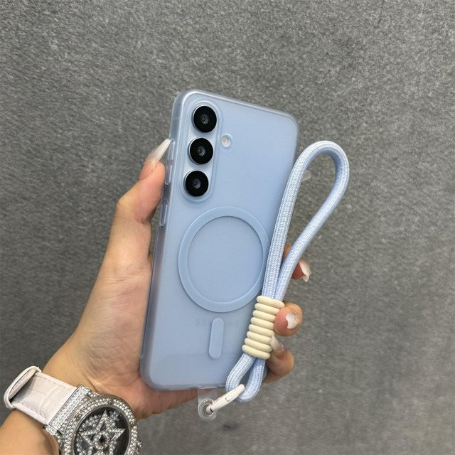 Matte Lanyard Magnetische Hülle für Samsung Galaxy S25 S26 Ultra S24 S23 S22 Plus S21 FE A55 A56 A17 A16 mit Armband in Blau - Bild 1