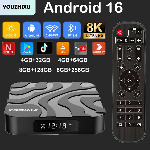YOZHIXU Smart TV Box T95 Max Android 16 mit 8GB RAM und 256GB Speicher, Allwinner H618 Prozessor, Bluetooth 5.4 und Dual-WLAN, Media Player in Schwarz - Bild 1