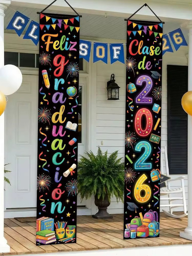 AFYPRTY Abschlussbanner Feliz Graduacion Klasse der 2026 in Schwarz im Neon-Stil aus Polyestergewebe zur Dekoration deiner Abschlussfeier - Bild 7