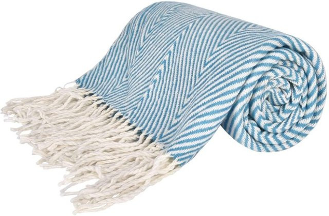 Inyahome Faux Kaschmir Decke mit Fischgrätenmuster und Fransen, Beige/Blau, B/T: 172 x 127 cm - Bild 1