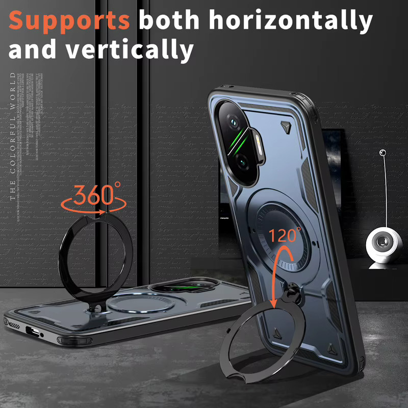 Xiaomi POCO F7 Pro Ultra 5G Hülle mit militärischem Fallschutz, Hartschale aus PC+TPU und verstellbarem Ring-Rückenständer in Schwarz - Bild 3