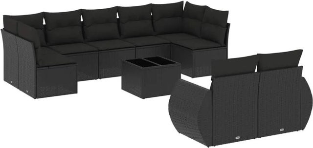 vidaXL 10-tlg. Garten-Sofagarnitur in L-Form aus Poly-Rattan mit Kissen, Schwarz - Bild 1