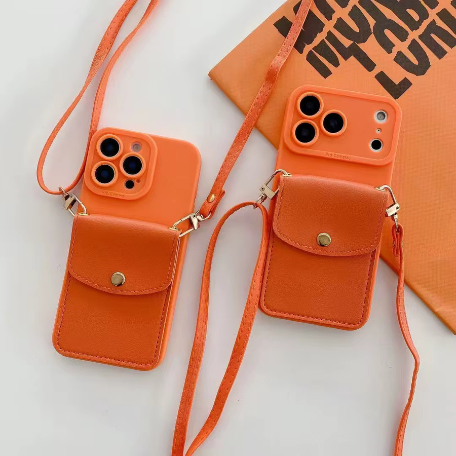 NUOCDE Silikonhülle mit Umhängeband und Brieftasche für iPhone 11 bis iPhone 17 Pro Max in Orange - Bild 3