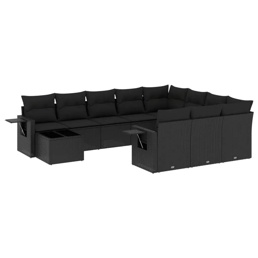 vidaXL 11-tlg. Garten-Sofagarnitur in L-Form aus schwarzem Poly-Rattan mit Kissen und Metallrahmen - Bild 2