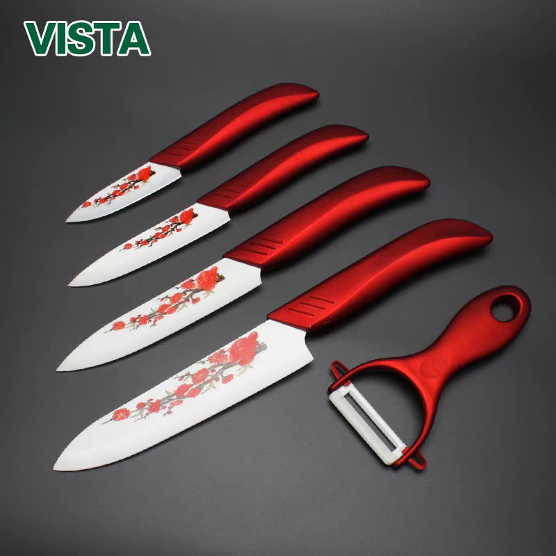 MYVIT Küchenmesser-Set mit Blumenmuster in Rot inklusive Ständer und Schäler - Bild 2