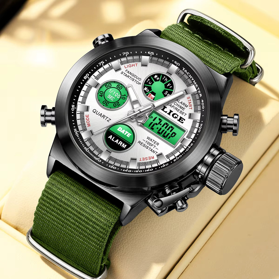 LIGE Chronograph Armbanduhr, Quarz, Schwarz, Textil/NATO, Herren - Bild 2